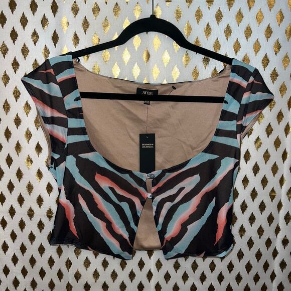 NWT Afrm Nylah Crop Top In Teal Zebra Square Neckline Front Loop Button Clos mes - Picture 4 of 6